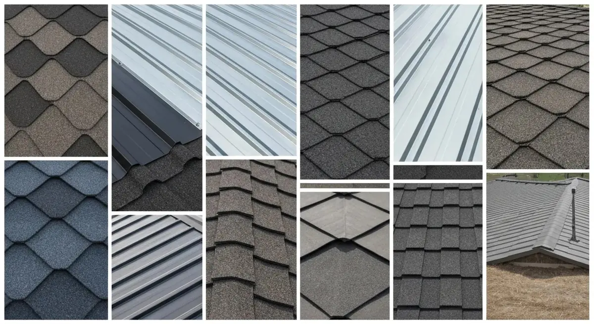 Variety of roofing materials including shingles and metal panels, showcasing textures and colors relevant to commercial roofing options in Little Rock.