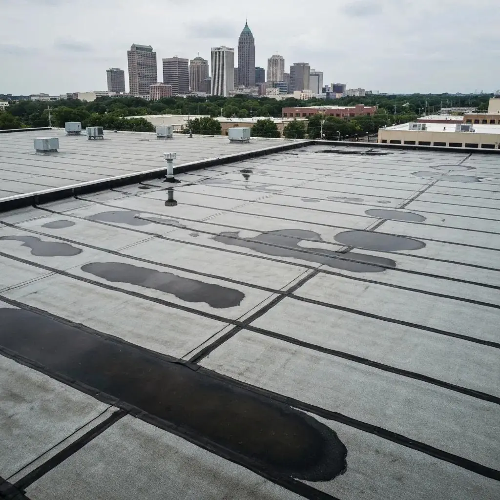 Flat commercial roof with visible water pooling, showing signs of wear and potential storm damage, against a backdrop of Little Rock's skyline, illustrating common roofing challenges in the area.
