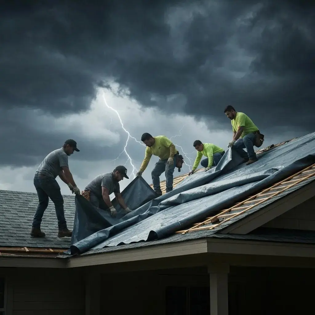 Roofing team applying tarps to a damaged roof during a storm, emphasizing emergency repair efforts and safety measures.