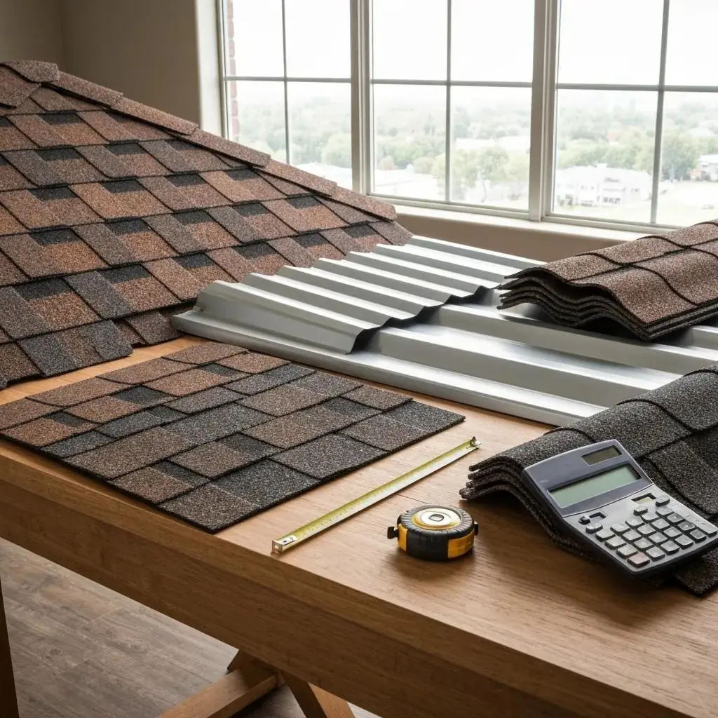 various roofing materials including asphalt shingles and metal panels on a wooden table with a measuring tape and calculator, illustrating cost considerations for roof replacement in Little Rock.